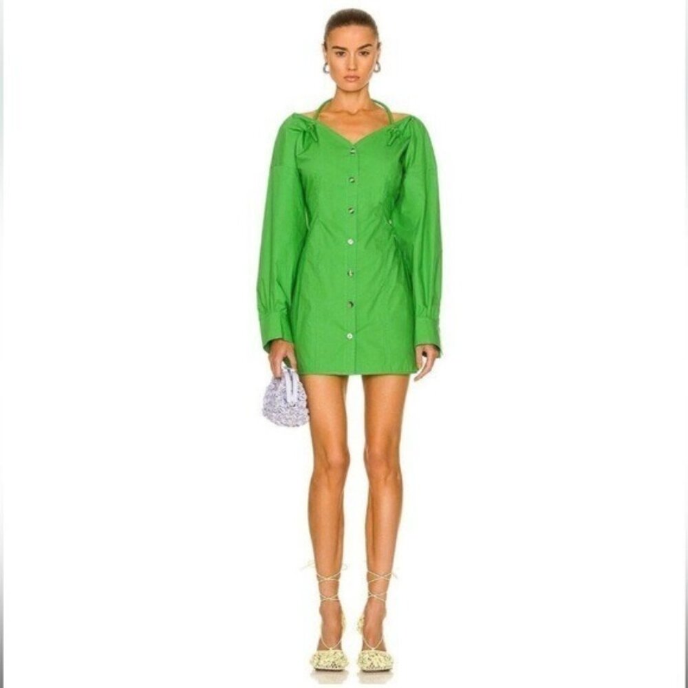 Nanushka Alyssa Dress in Green Womens Shirt Dress Button Front Designer Mini XL